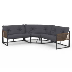 Salon de jardin bas 8 places canapé d'angle, fauteuils avec coussin gris et 2 tables basses