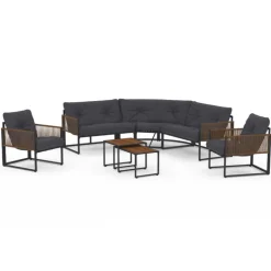 Salon de jardin bas 8 places canapé d'angle, fauteuils avec coussin gris et 2 tables basses