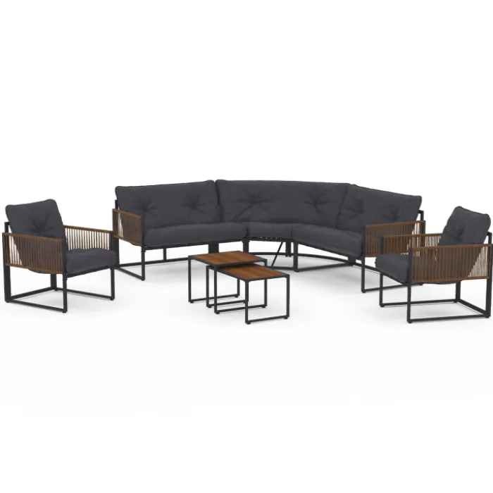 Salon de jardin bas 8 places canapé d'angle, fauteuils avec coussin gris et 2 tables basses