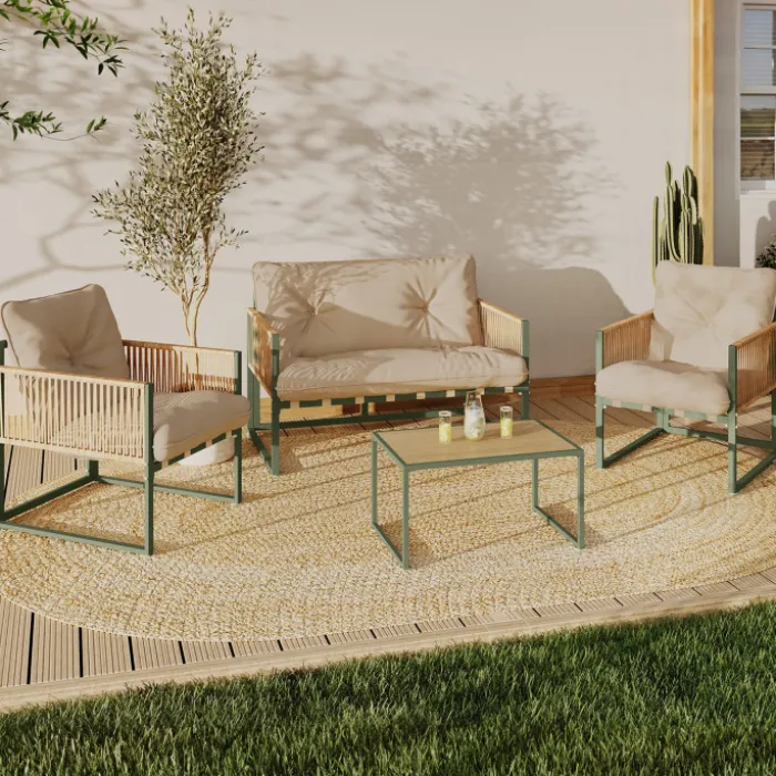 Salon de jardin bas 4 places structure métal vert, cordage effet rotin clair et coussins beige