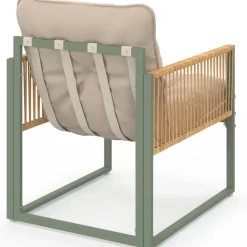 Salon de jardin bas 4 places structure métal vert, cordage effet rotin clair et coussins beige