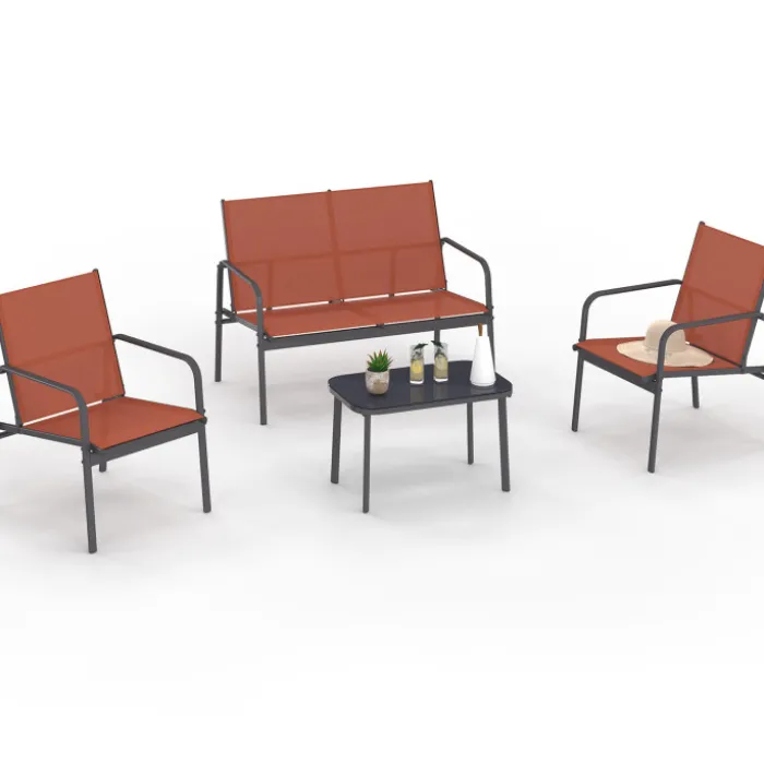 Salon de jardin bas 4 places avec canapé, fauteuils et table terracotta