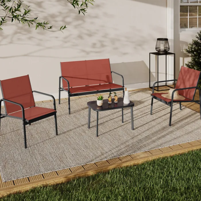 Salon de jardin bas 4 places avec canapé, fauteuils et table terracotta