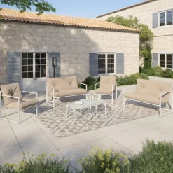 Salon de jardin bas 6 places en acier blanc et coussins beige