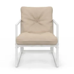 Salon de jardin bas 6 places en acier blanc et coussins beige