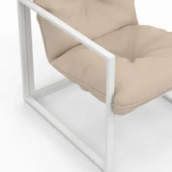 Salon de jardin bas 6 places en acier blanc et coussins beige