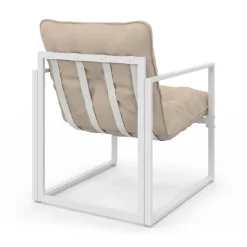 Salon de jardin bas 6 places en acier blanc et coussins beige