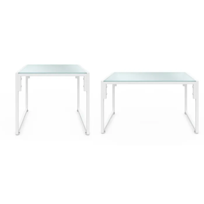 Salon de jardin bas 6 places en acier blanc et coussins beige