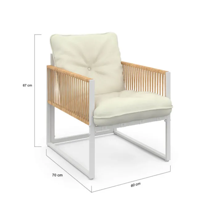 Salon de jardin bas 4 places acier blanc, cordage rotin clair et coussins beige
