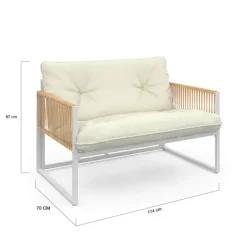 Salon de jardin bas 4 places acier blanc, cordage rotin clair et coussins beige