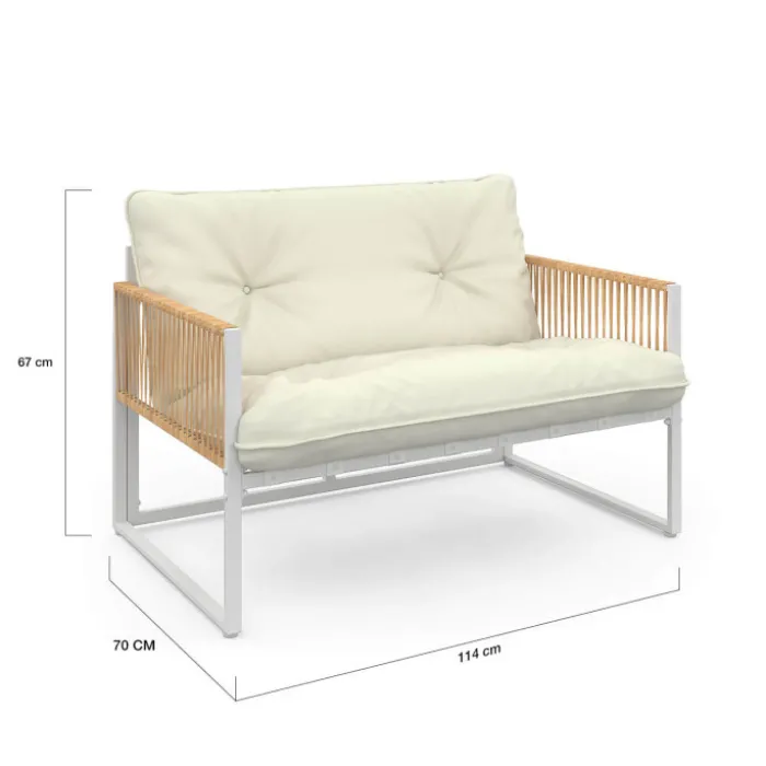 Salon de jardin bas 4 places acier blanc, cordage rotin clair et coussins beige