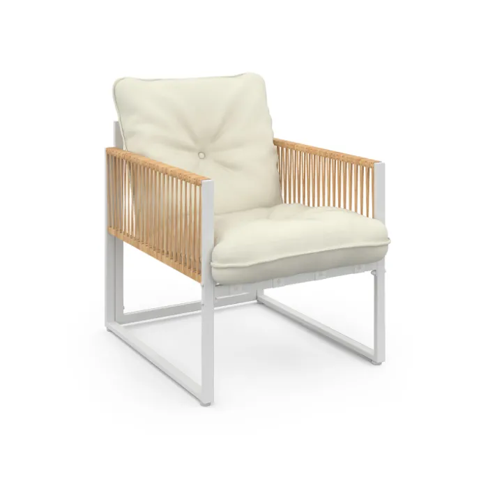 Salon de jardin bas 4 places acier blanc, cordage rotin clair et coussins beige