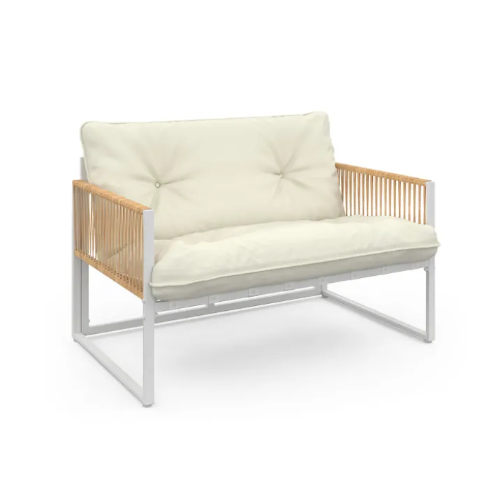 Salon de jardin bas 4 places acier blanc, cordage rotin clair et coussins beige