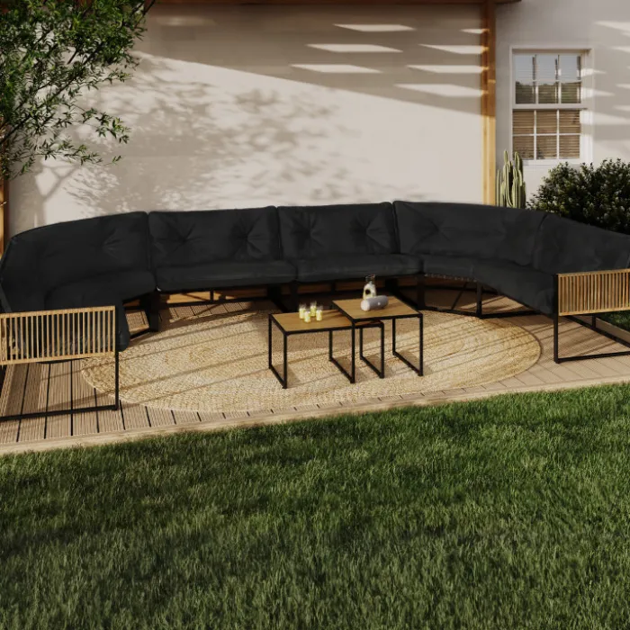 Salon de jardin bas 12 places salon d'angle structure métal noir, cordage effet rotin avec coussins noirs