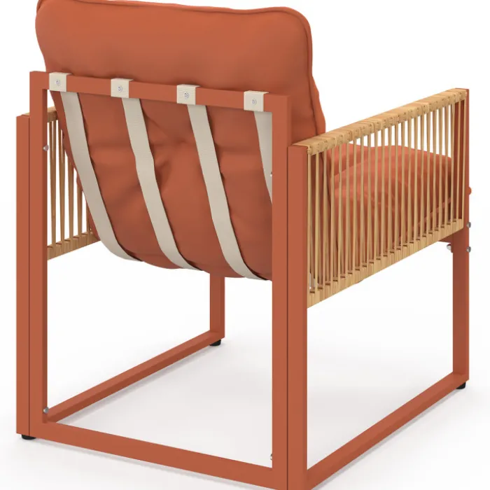 Salon de jardin bas 4 places structure métal terracotta, cordage effet rotin avec coussins terracotta