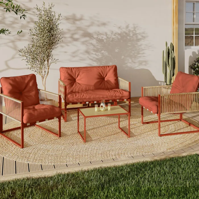 Salon de jardin bas 4 places structure métal terracotta, cordage effet rotin avec coussins terracotta