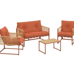 Salon de jardin bas 4 places structure métal terracotta, cordage effet rotin avec coussins terracotta
