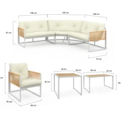 Salon de jardin bas 8 places salon d'angle structure métal blanc, cordage effet rotin avec coussins beige