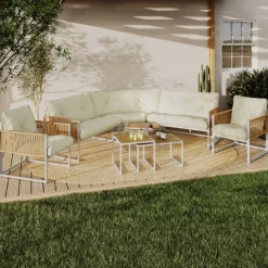 Salon de jardin bas 8 places salon d'angle structure métal blanc, cordage effet rotin avec coussins beige
