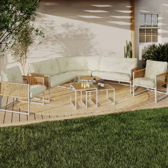 Salon de jardin bas 8 places salon d'angle structure métal blanc, cordage effet rotin avec coussins beige