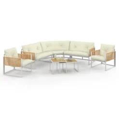 Salon de jardin bas 8 places salon d'angle structure métal blanc, cordage effet rotin avec coussins beige