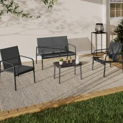 Salon de jardin bas 4 places avec canapé, fauteuils et table gris anthracite