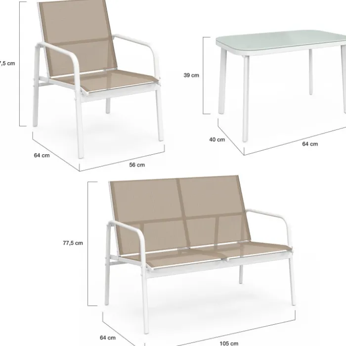Salon de jardin bas 4 places avec canapé, fauteuils et table blanc et beige