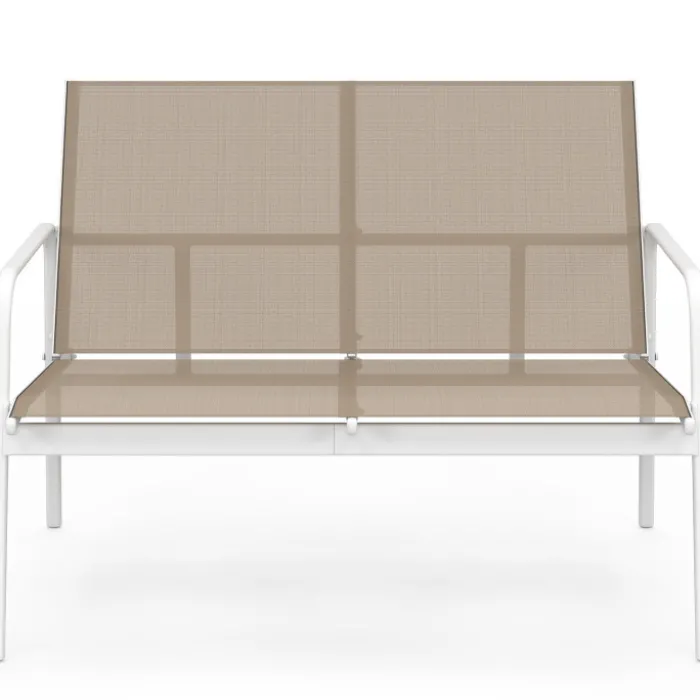 Salon de jardin bas 4 places avec canapé, fauteuils et table blanc et beige