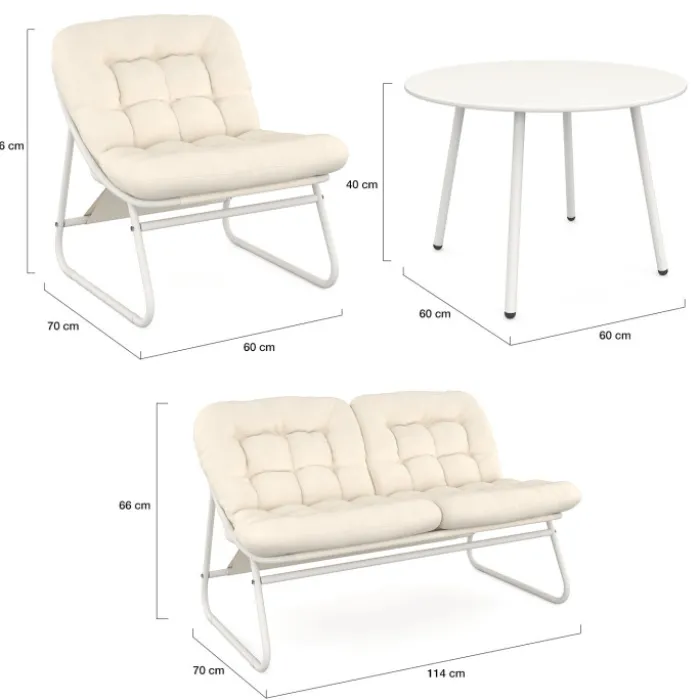 Salon de jardin bas 4 places en métal blanc et coussins beige avec canapé, fauteuils et table