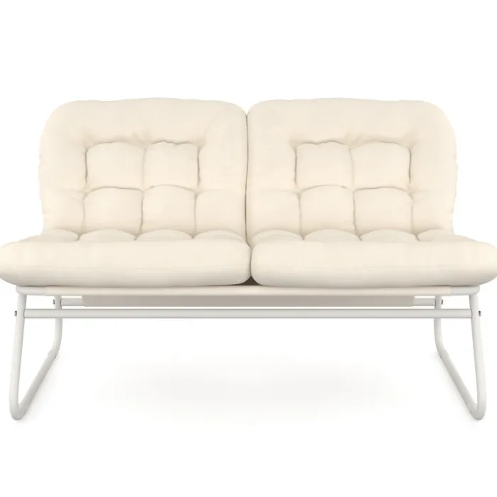 Salon de jardin bas 4 places en métal blanc et coussins beige avec canapé, fauteuils et table