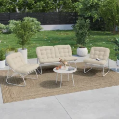 Salon de jardin bas 4 places en métal blanc et coussins beige avec canapé, fauteuils et table