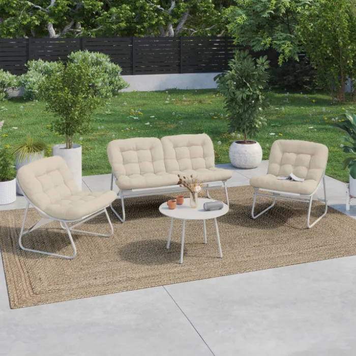 Salon de jardin bas 4 places en métal blanc et coussins beige avec canapé, fauteuils et table