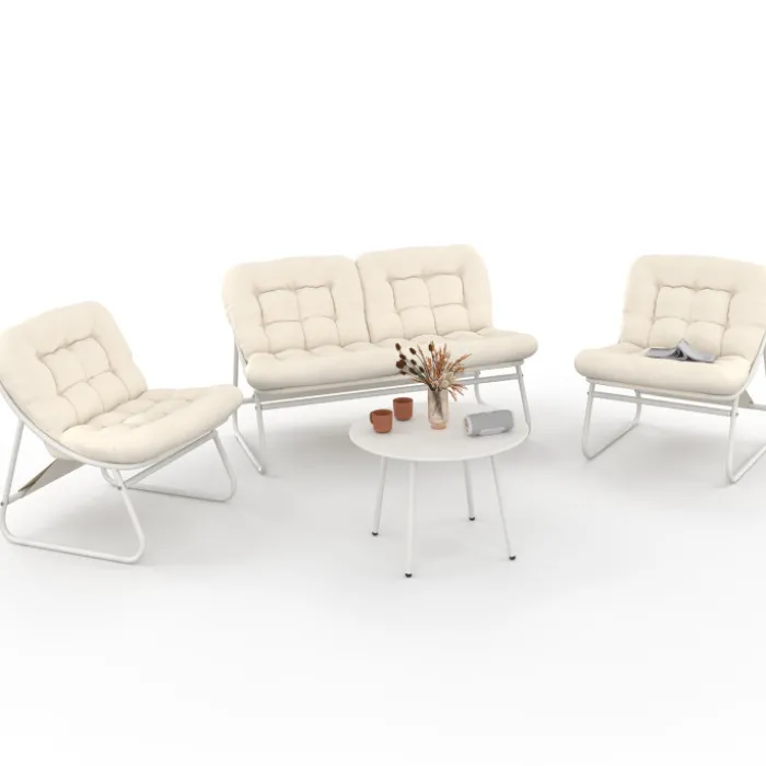 Salon de jardin bas 4 places en métal blanc et coussins beige avec canapé, fauteuils et table