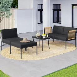 Salon de jardin bas RIO 4 places modulable structure métal noir, cordage effet rotin clair avec coussins noirs