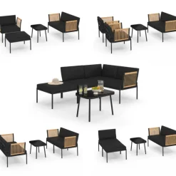 Salon de jardin bas RIO 4 places modulable structure métal noir, cordage effet rotin clair avec coussins noirs