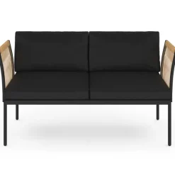 Salon de jardin bas RIO 4 places modulable structure métal noir, cordage effet rotin clair avec coussins noirs