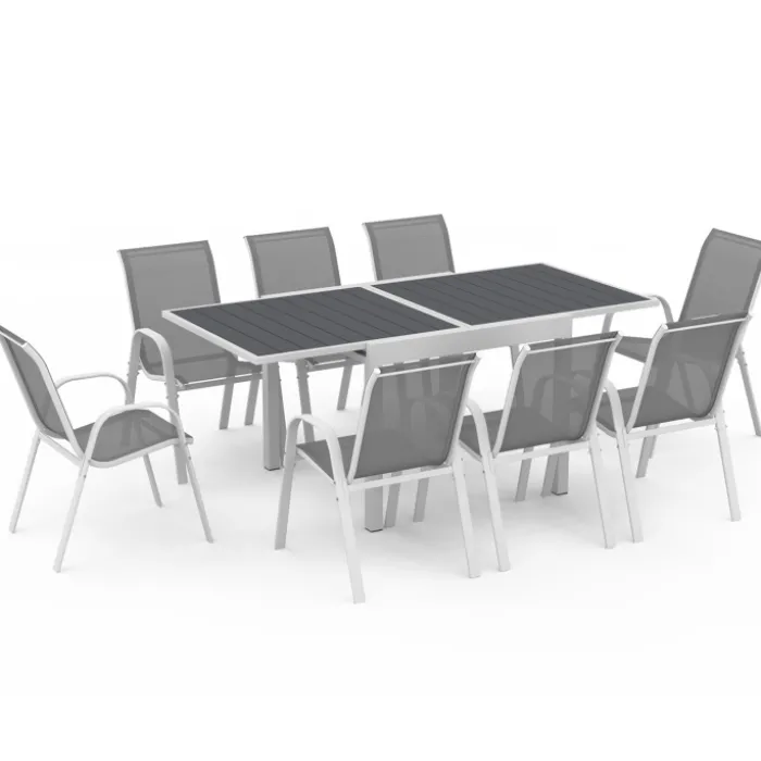 Salon de jardin blanc et gris avec table extensible + 8 chaises