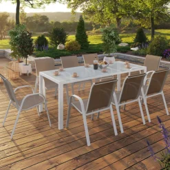 Salon de jardin blanc et beige table 190 cm et 8 chaises empilables