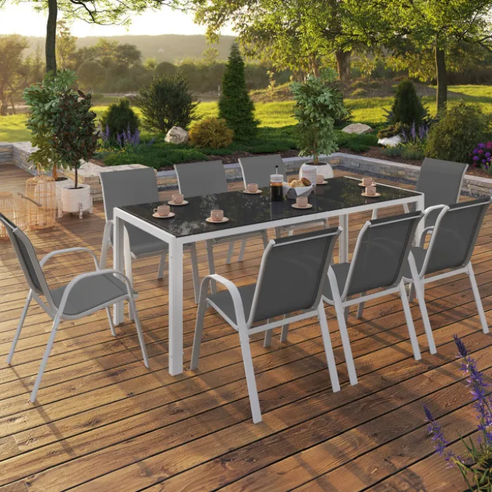 Salon de jardin blanc et gris avec 8 chaises empilables