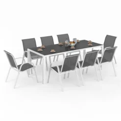 Salon de jardin blanc et gris avec 8 chaises empilables