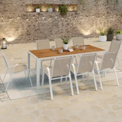 Salon de jardin bois et blanc avec table 190 cm et 8 chaises empilables