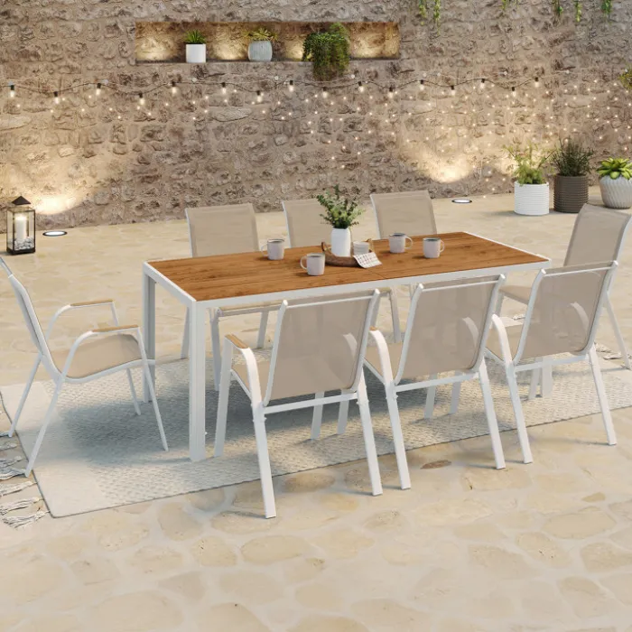 Salon de jardin bois et blanc avec table 190 cm et 8 chaises empilables