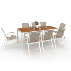 Salon de jardin bois et blanc avec table 190 cm et 8 chaises empilables