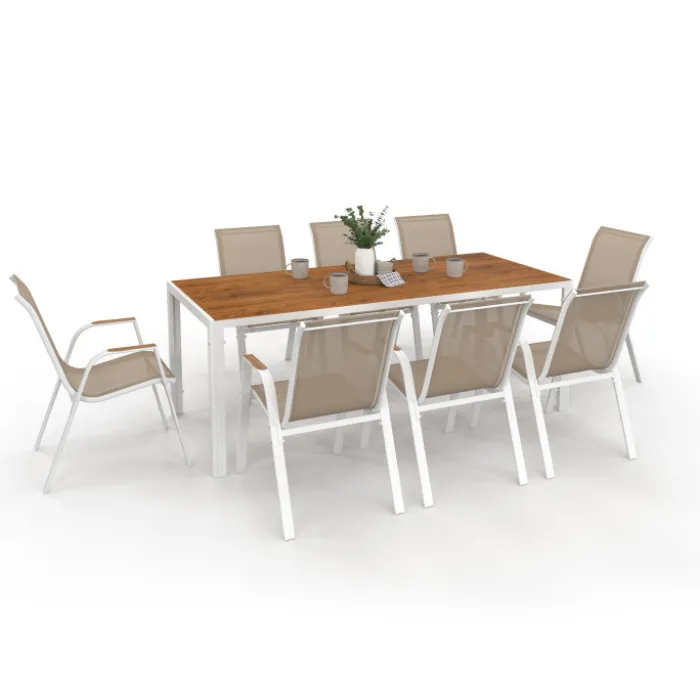 Salon de jardin bois et blanc avec table 190 cm et 8 chaises empilables