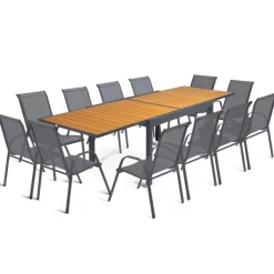 Salon de jardin bois et gris anthracite avec table extensible et 12 chaises