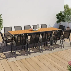 Salon de jardin bois et gris anthracite avec table extensible et 12 chaises
