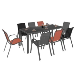 Salon de jardin 8 chaises empilables mix color gris, noir et terracotta et table 190 cm