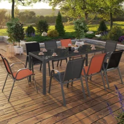 Salon de jardin 8 chaises empilables mix color gris, noir et terracotta et table 190 cm