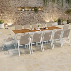 Salon de jardin extensible 12 personnes table 135/270 cm plateau effet bois et chaises empilables blanc et bois