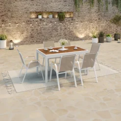 Salon de jardin extensible 12 personnes table 135/270 cm plateau effet bois et chaises empilables blanc et bois